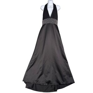 Nicole Miller Platinum Black Halter Beaded Waist Satin Formal Gown 12 Y2K Vintge